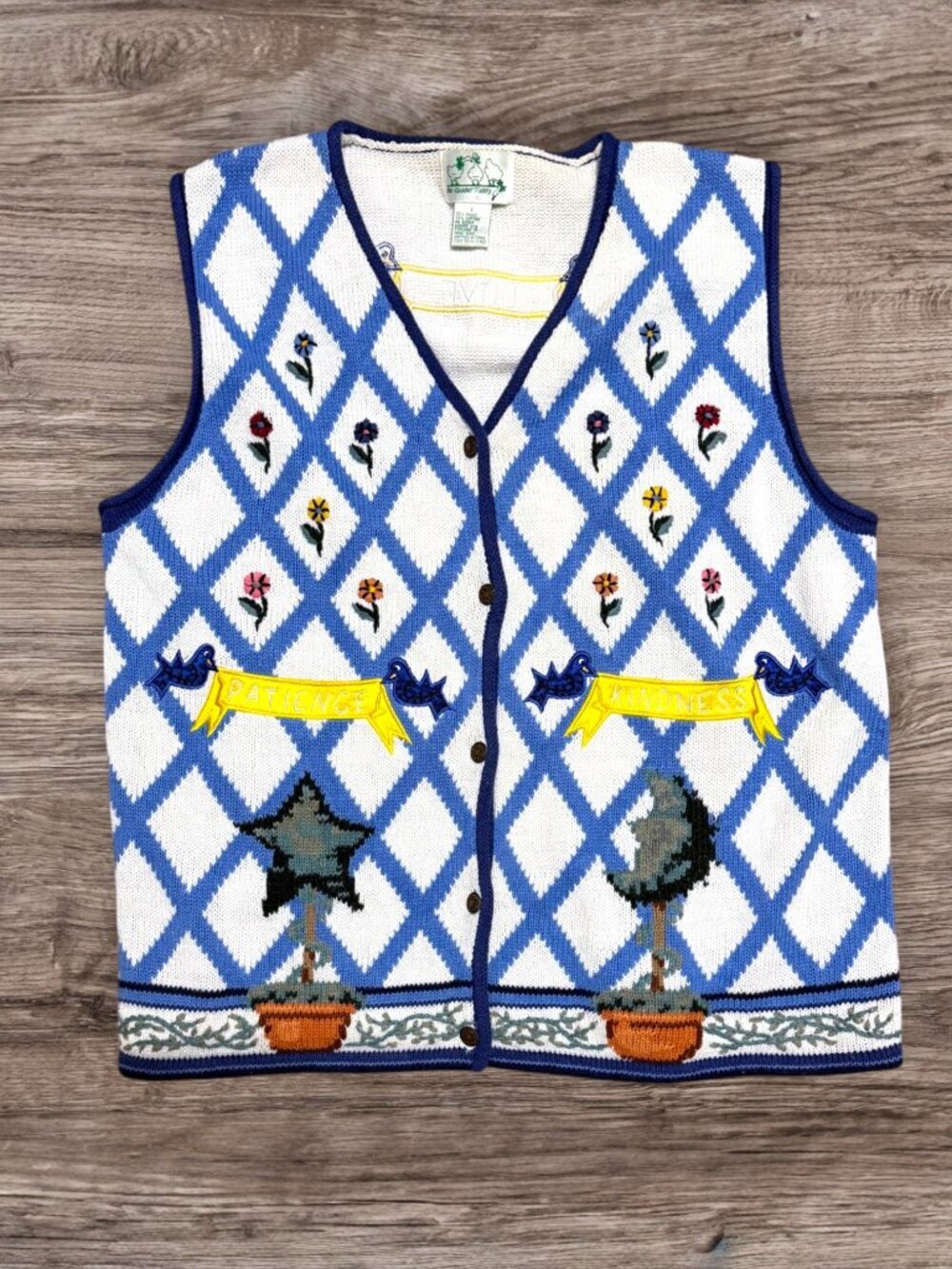 The Quacker Factory Patience Kindness Love Sweater Vest L Blue Argyle Floral
